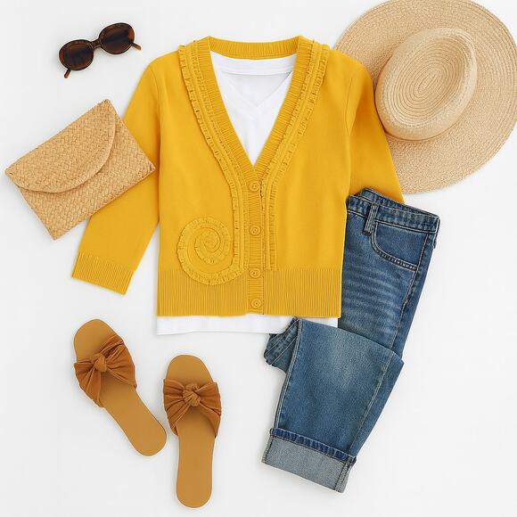 Sparrow Cardigan Womens XS Yellow Gold Ruffle Cotton Button Front Knit - Picture 2 of 10